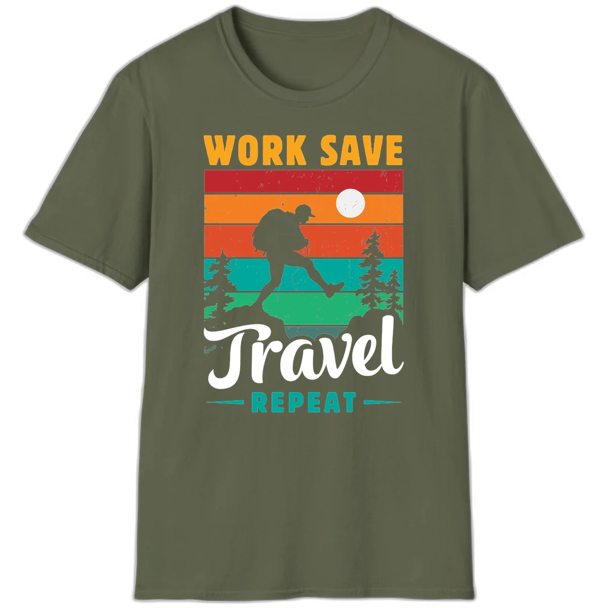 Silhouette of a backpacker hiking through layered landscape with trees and moon, text reads 'Work Save Travel Repeat' in Military Green