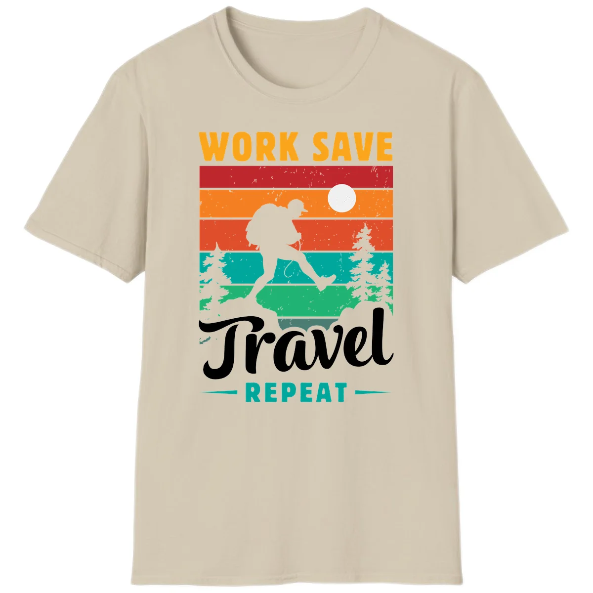 Silhouette of a backpacker hiking through layered landscape with trees and moon, text reads 'Work Save Travel Repeat' in Sand