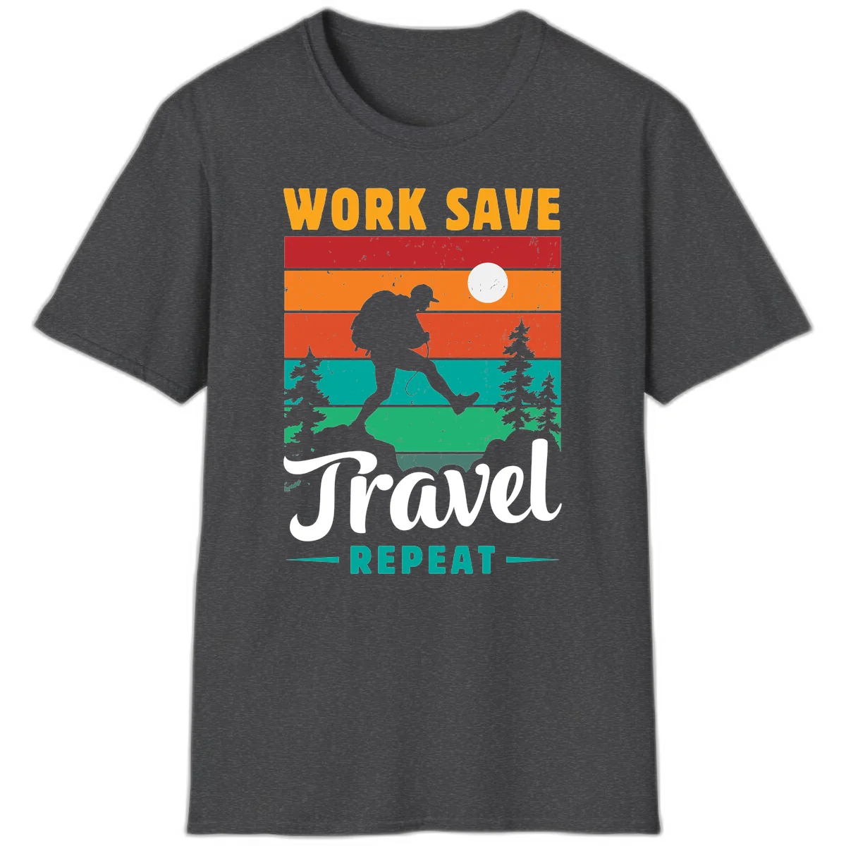 Silhouette of a backpacker hiking through layered landscape with trees and moon, text reads 'Work Save Travel Repeat' in Dark Heather