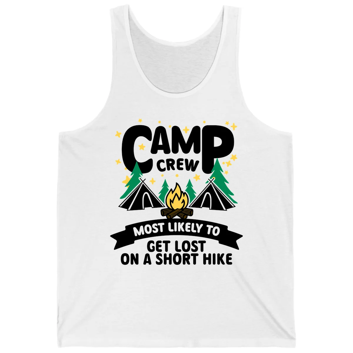 Camping design with 'Camp Crew' text, teepees, campfire, trees, and stars with banner reading 'Most Likely To Get Lost On A Short Hike' in White