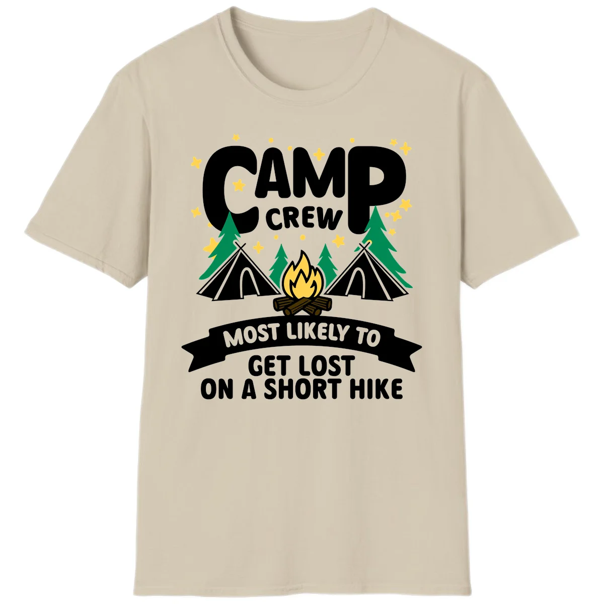 Camping design with 'Camp Crew' text, teepees, campfire, trees, and stars with banner reading 'Most Likely To Get Lost On A Short Hike' in Sand