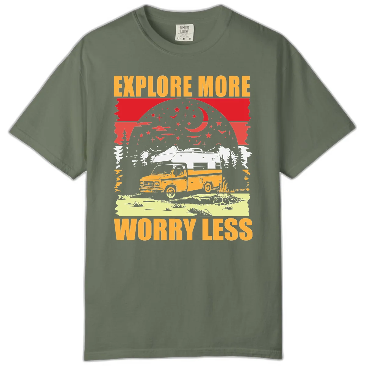 Retro camping illustration with pickup truck, camper trailer, campfire, and starry night sky surrounded by pine trees, with 'Explore More Worry Less' text in Moss
