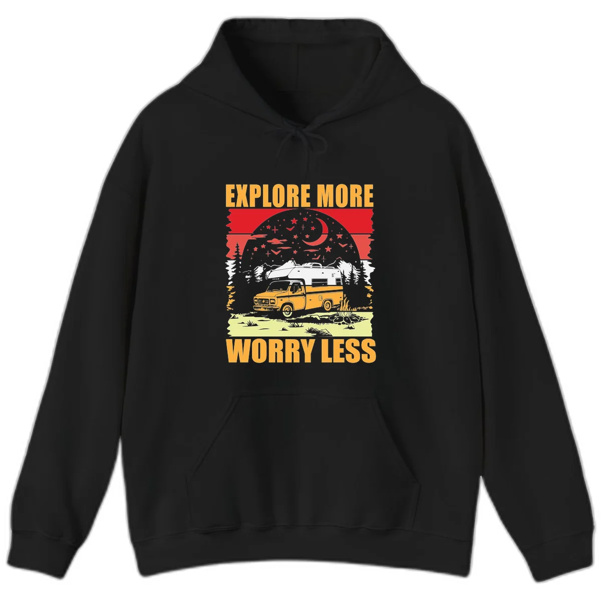 Retro camping illustration with pickup truck, camper trailer, campfire, and starry night sky surrounded by pine trees, with 'Explore More Worry Less' text in Black