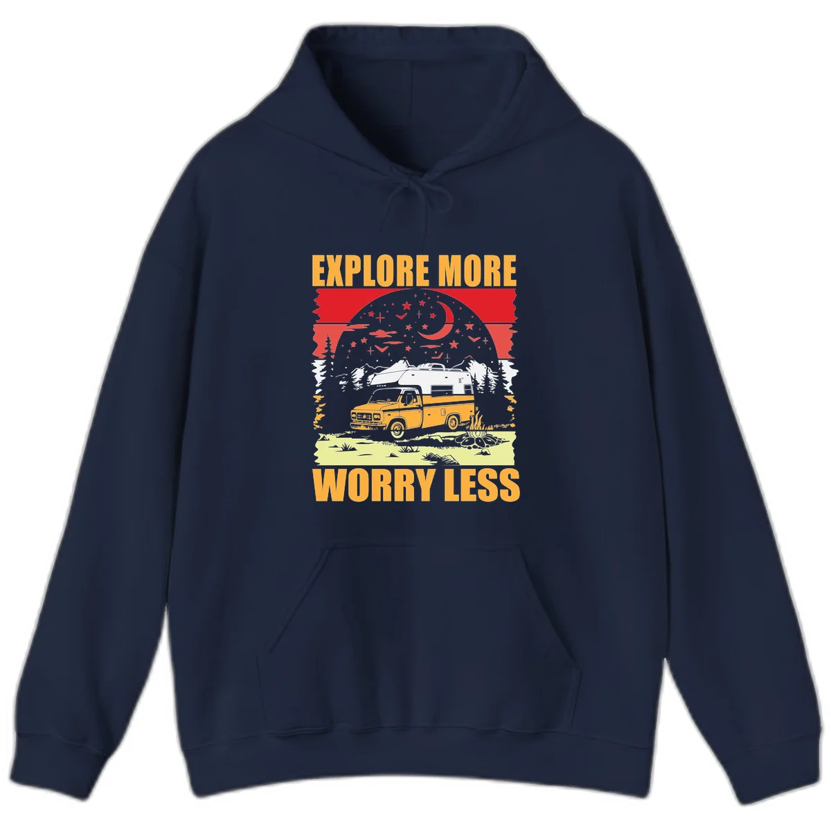 Retro camping illustration with pickup truck, camper trailer, campfire, and starry night sky surrounded by pine trees, with 'Explore More Worry Less' text in Navy