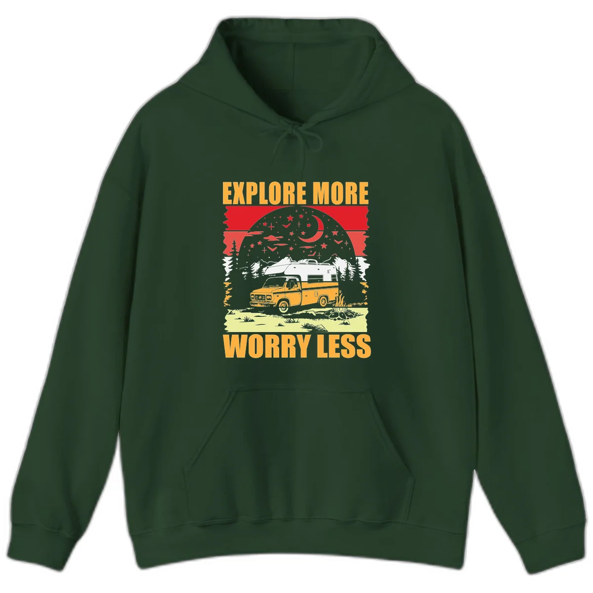 Retro camping illustration with pickup truck, camper trailer, campfire, and starry night sky surrounded by pine trees, with 'Explore More Worry Less' text in Forest Green