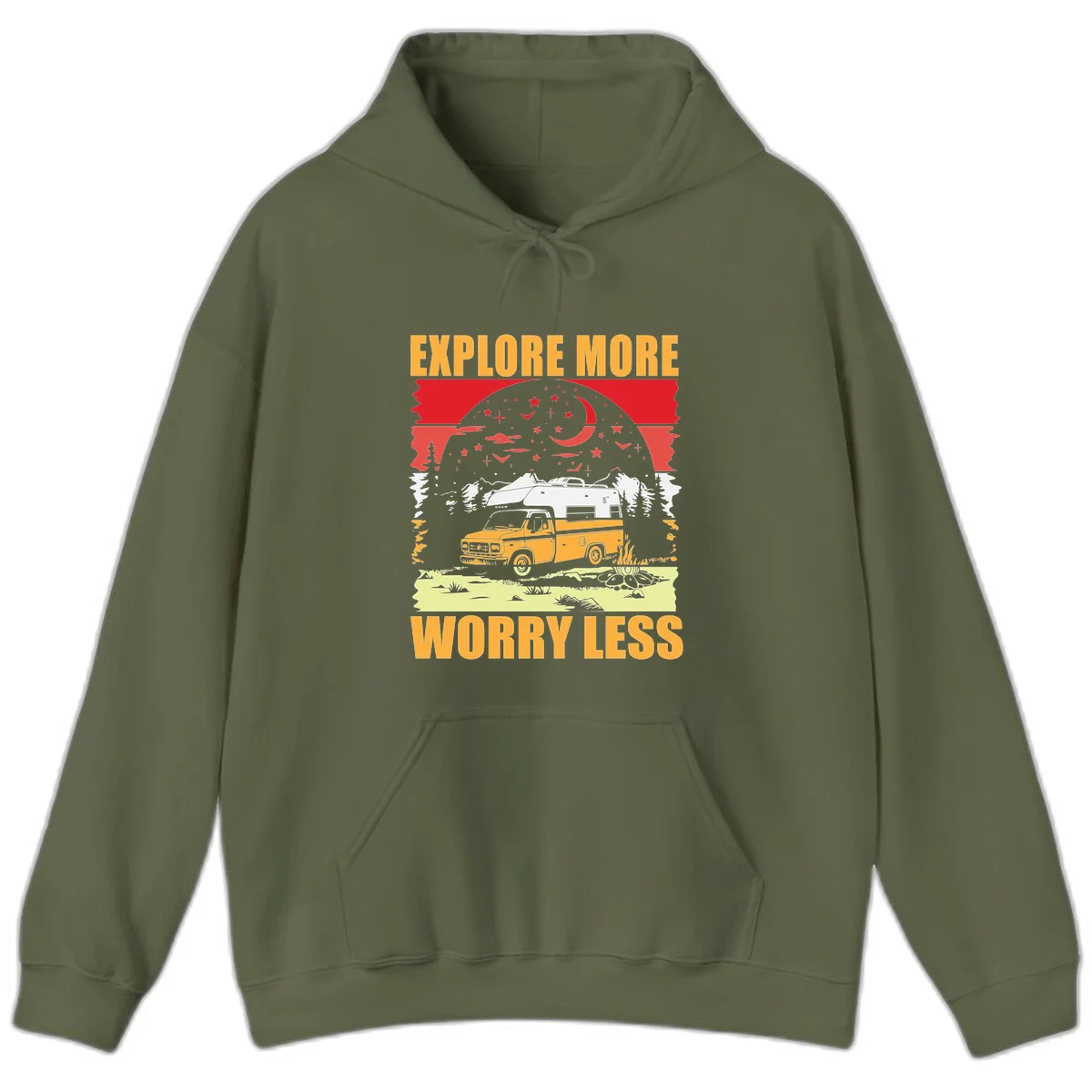 Retro camping illustration with pickup truck, camper trailer, campfire, and starry night sky surrounded by pine trees, with 'Explore More Worry Less' text in Military Green
