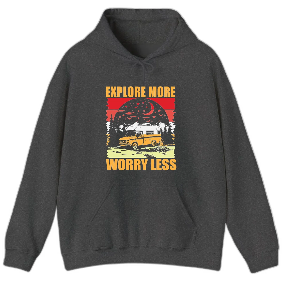 Retro camping illustration with pickup truck, camper trailer, campfire, and starry night sky surrounded by pine trees, with 'Explore More Worry Less' text in Dark Heather
