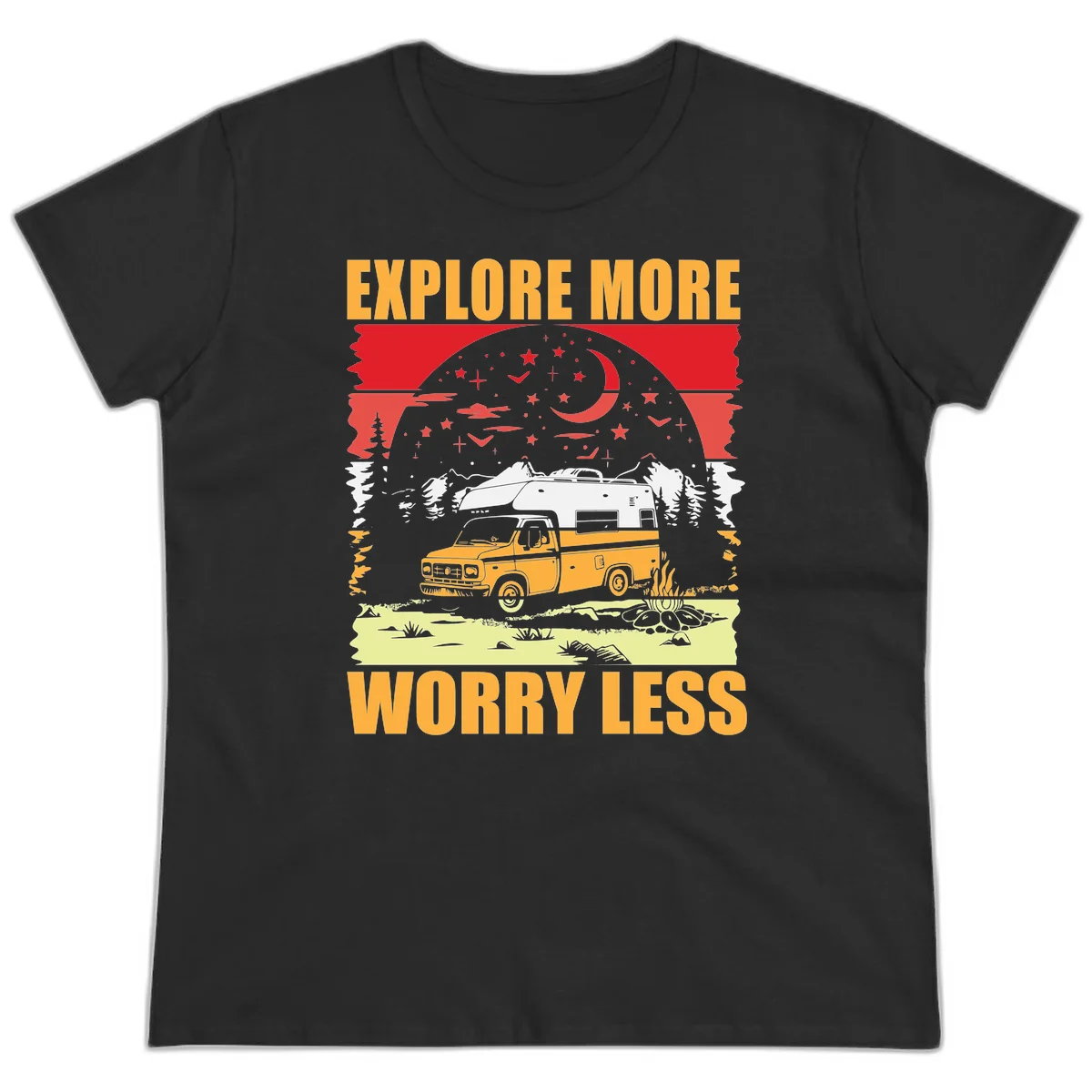 Retro camping illustration with pickup truck, camper trailer, campfire, and starry night sky surrounded by pine trees, with 'Explore More Worry Less' text in Black