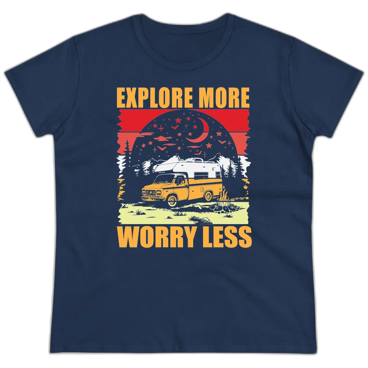 Retro camping illustration with pickup truck, camper trailer, campfire, and starry night sky surrounded by pine trees, with 'Explore More Worry Less' text in Navy