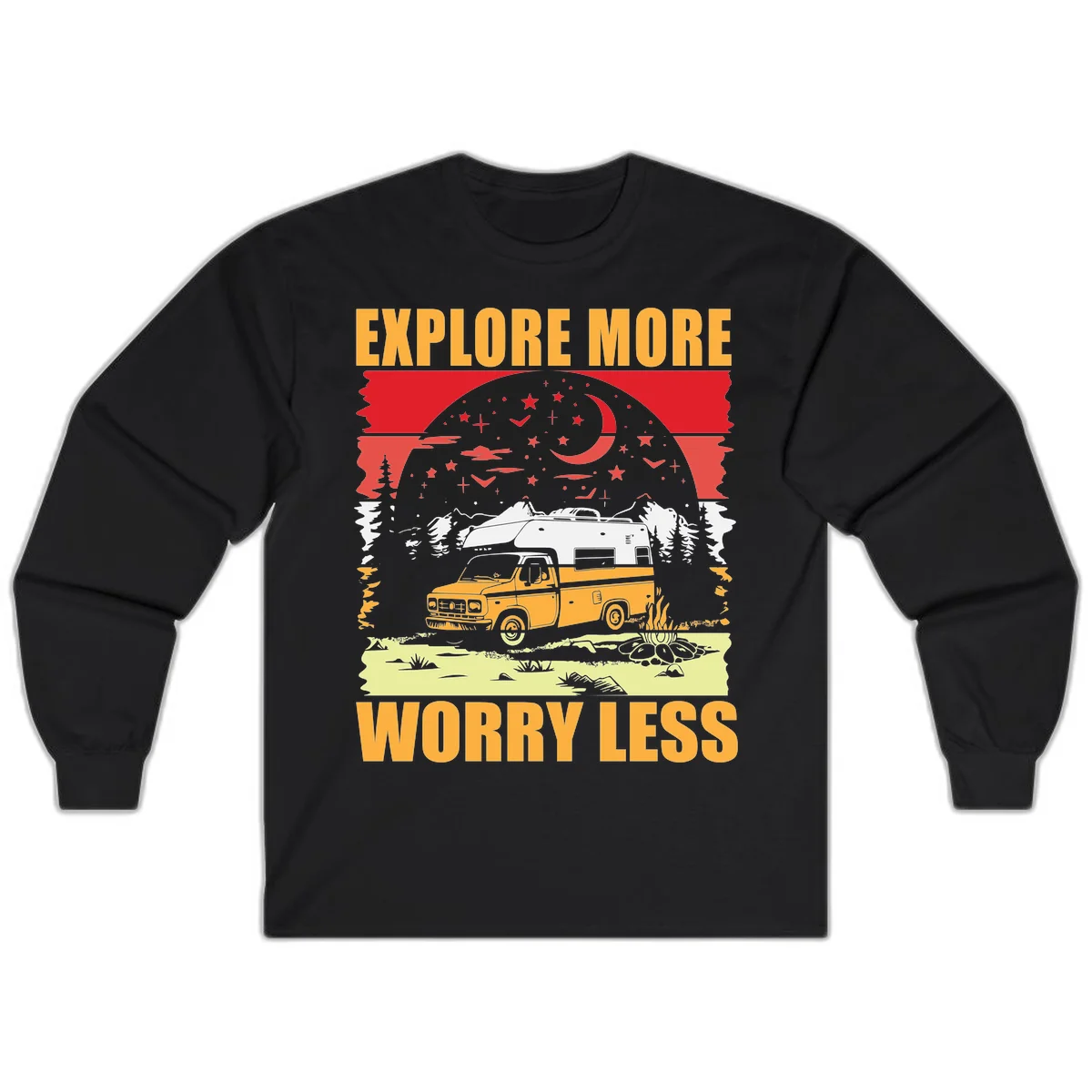 Retro camping illustration with pickup truck, camper trailer, campfire, and starry night sky surrounded by pine trees, with 'Explore More Worry Less' text in Black