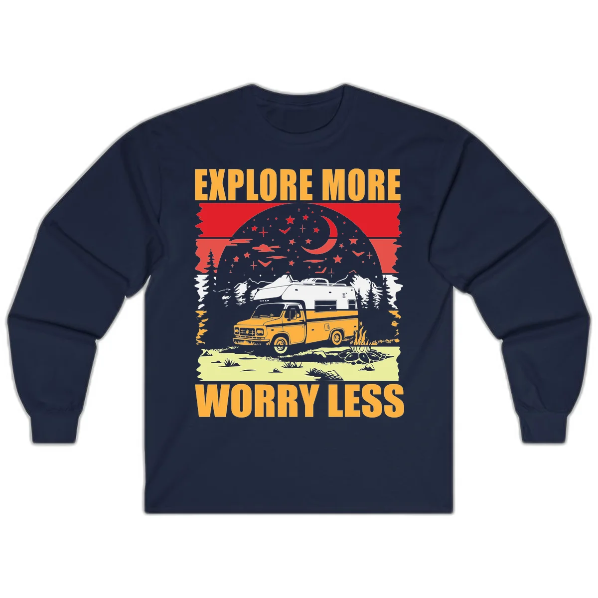 Retro camping illustration with pickup truck, camper trailer, campfire, and starry night sky surrounded by pine trees, with 'Explore More Worry Less' text in Navy