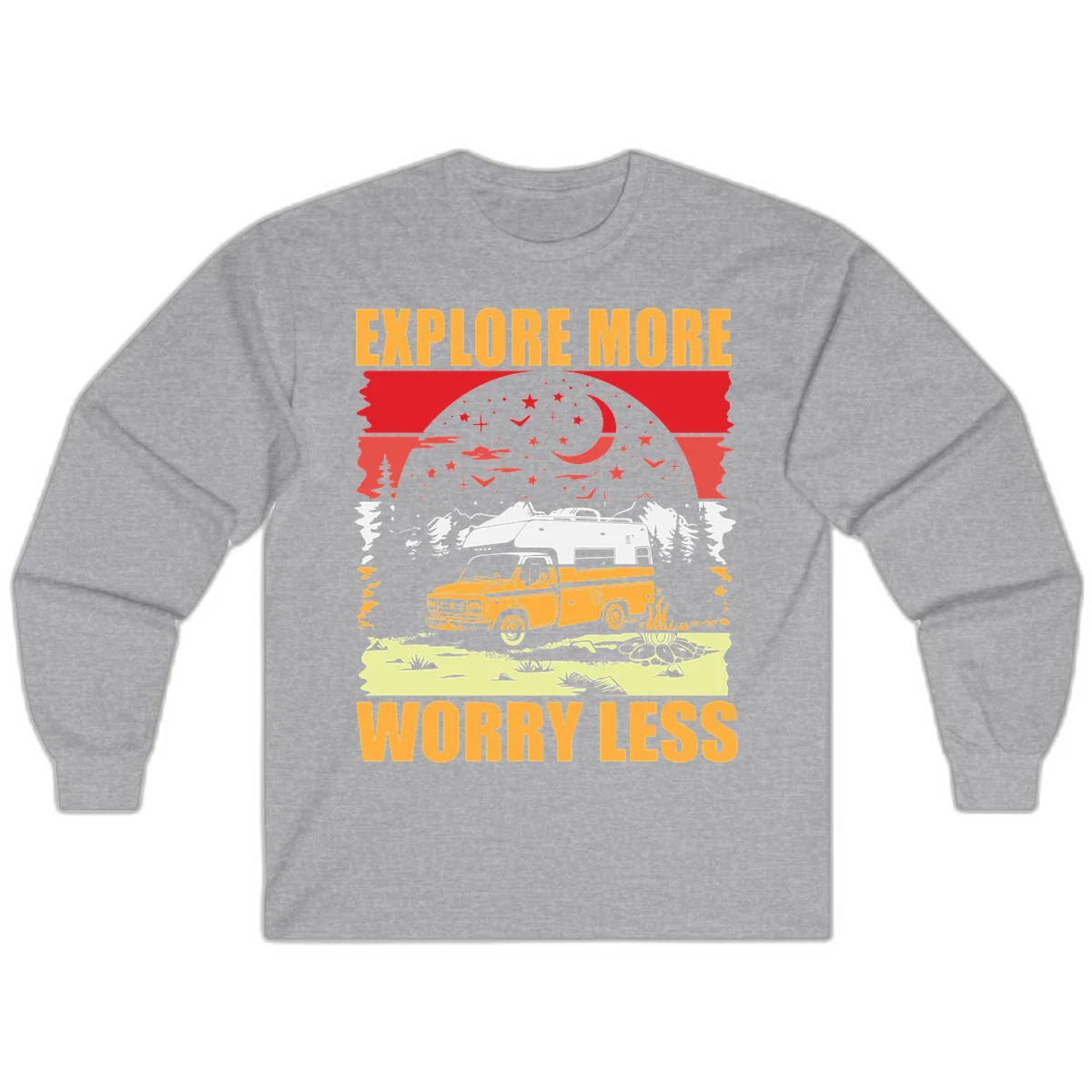 Retro camping illustration with pickup truck, camper trailer, campfire, and starry night sky surrounded by pine trees, with 'Explore More Worry Less' text in Sport Grey