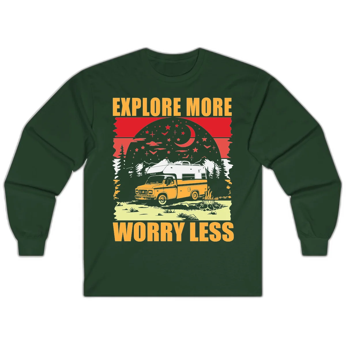 Retro camping illustration with pickup truck, camper trailer, campfire, and starry night sky surrounded by pine trees, with 'Explore More Worry Less' text in Forest Green