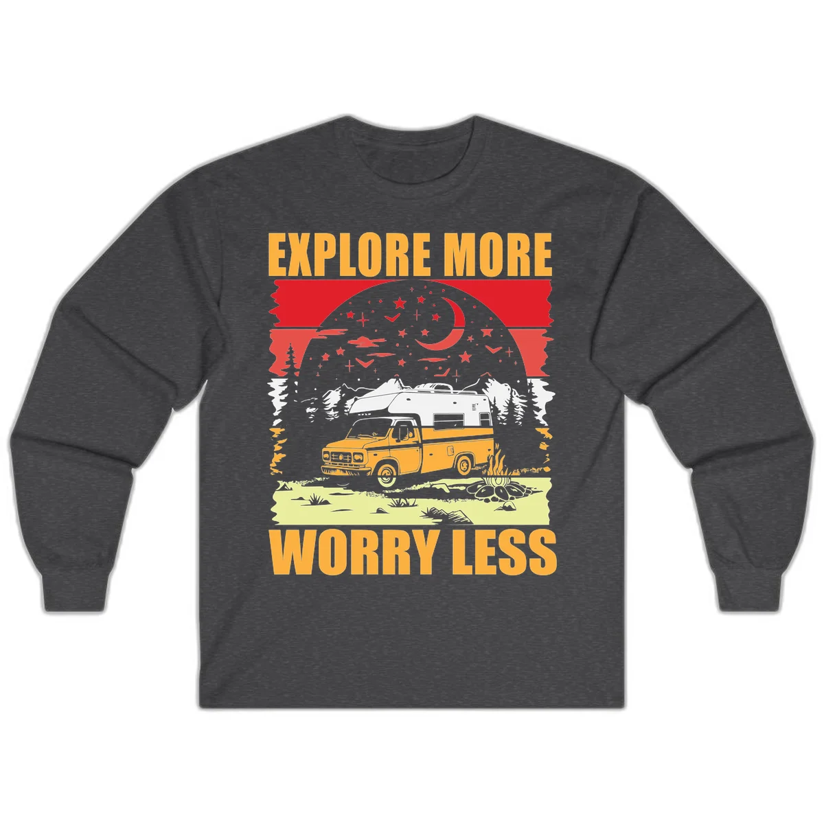 Retro camping illustration with pickup truck, camper trailer, campfire, and starry night sky surrounded by pine trees, with 'Explore More Worry Less' text in Dark Heather