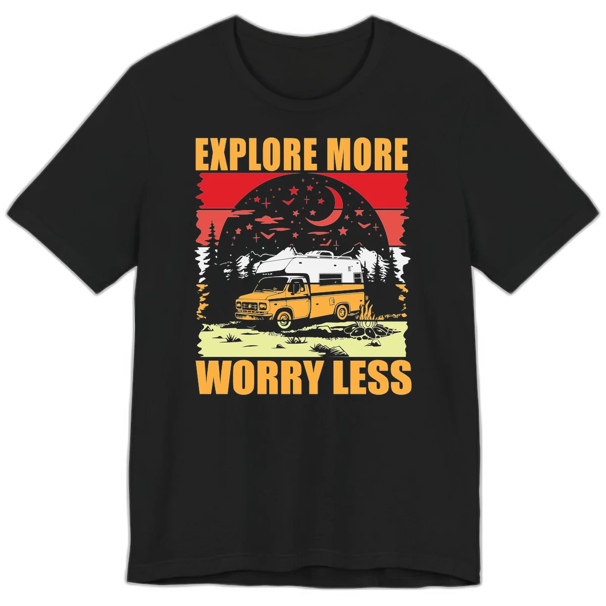 Retro camping illustration with pickup truck, camper trailer, campfire, and starry night sky surrounded by pine trees, with 'Explore More Worry Less' text in Black