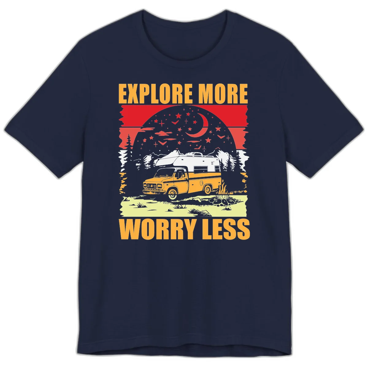 Retro camping illustration with pickup truck, camper trailer, campfire, and starry night sky surrounded by pine trees, with 'Explore More Worry Less' text in Navy
