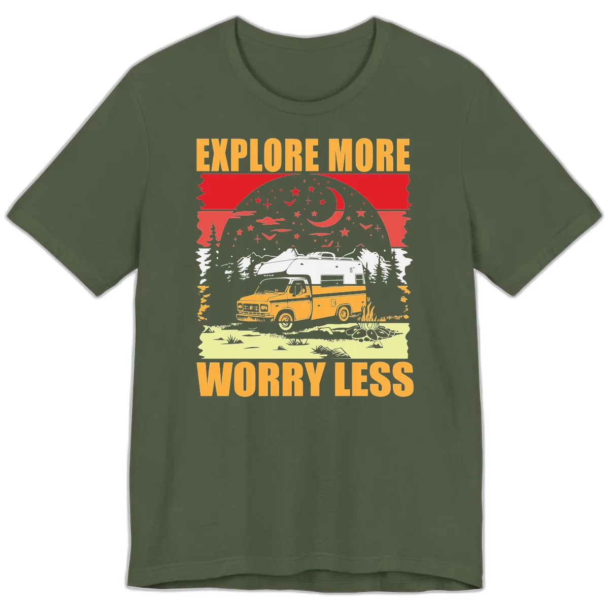 Retro camping illustration with pickup truck, camper trailer, campfire, and starry night sky surrounded by pine trees, with 'Explore More Worry Less' text in Military Green