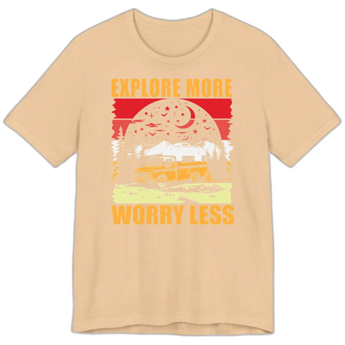Retro camping illustration with pickup truck, camper trailer, campfire, and starry night sky surrounded by pine trees, with 'Explore More Worry Less' text in Sand Dune