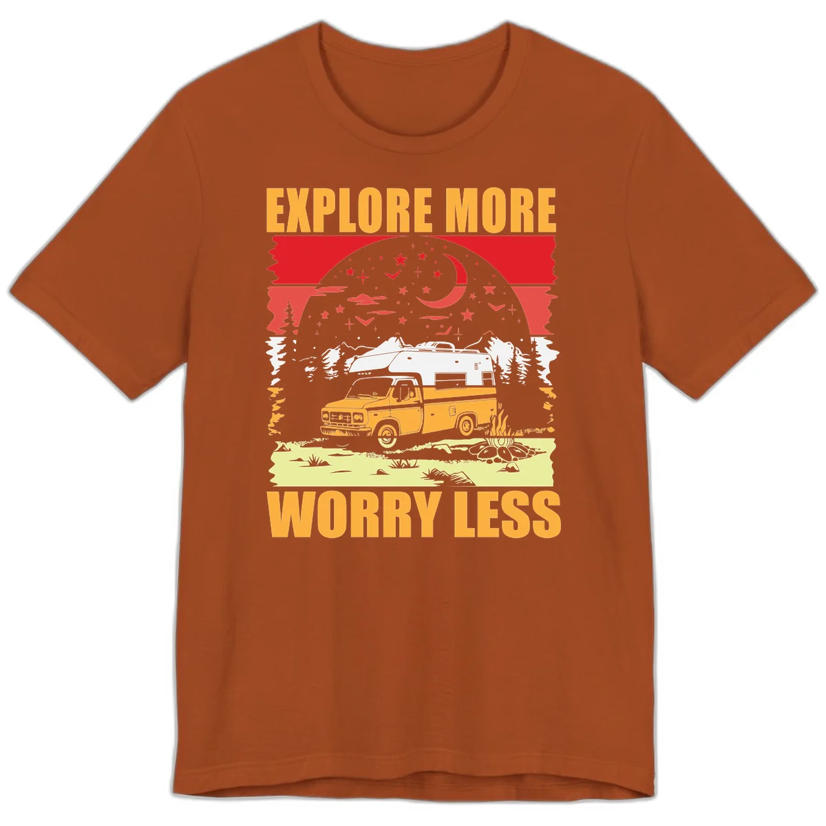 Retro camping illustration with pickup truck, camper trailer, campfire, and starry night sky surrounded by pine trees, with 'Explore More Worry Less' text in Autumn