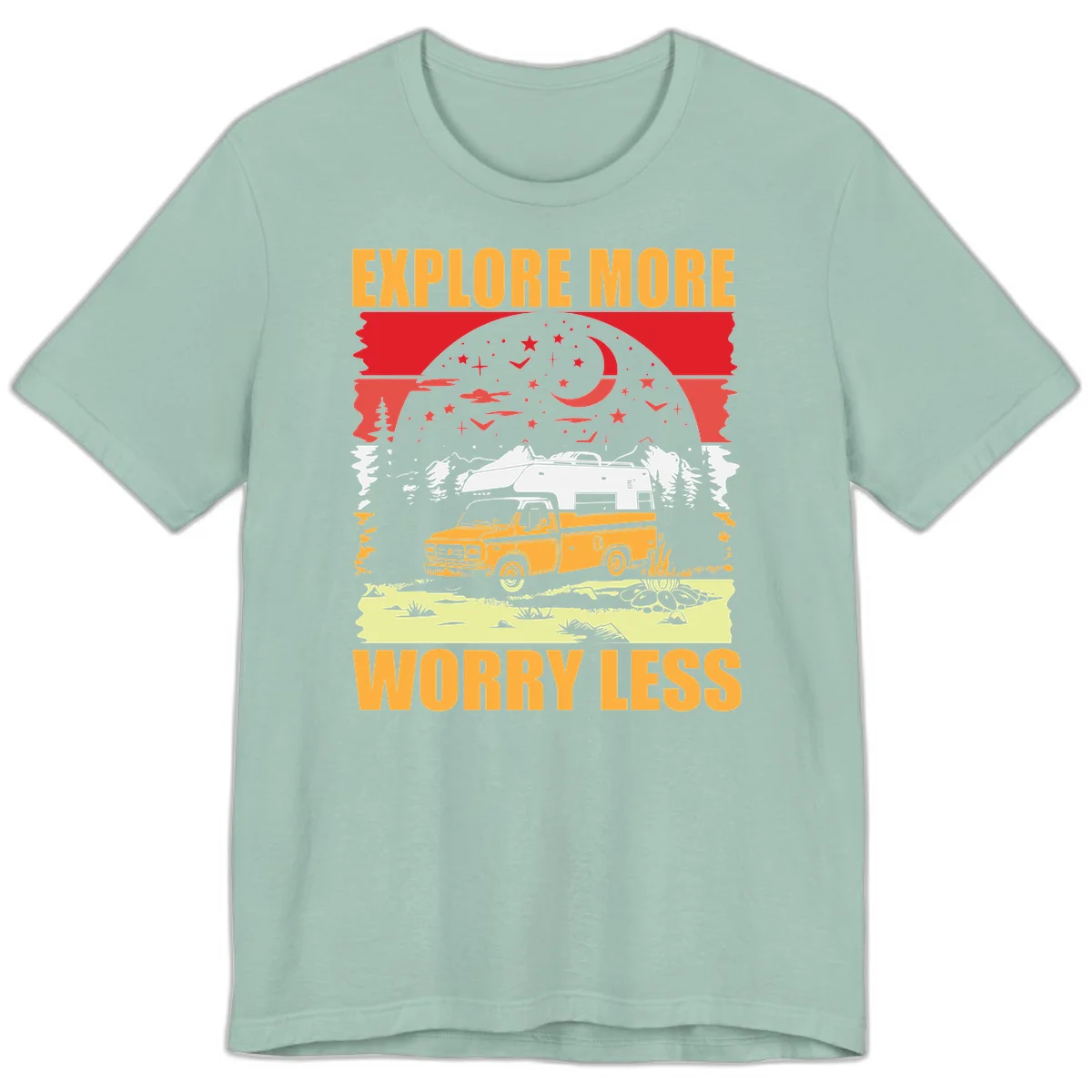 Retro camping illustration with pickup truck, camper trailer, campfire, and starry night sky surrounded by pine trees, with 'Explore More Worry Less' text in Dusty Blue