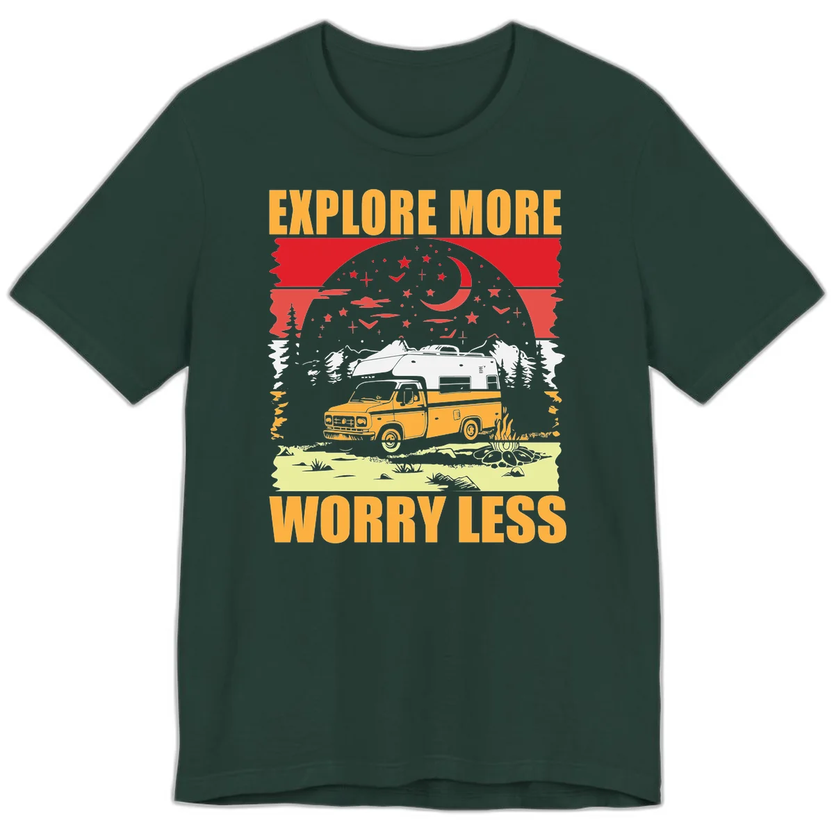 Retro camping illustration with pickup truck, camper trailer, campfire, and starry night sky surrounded by pine trees, with 'Explore More Worry Less' text in Forest