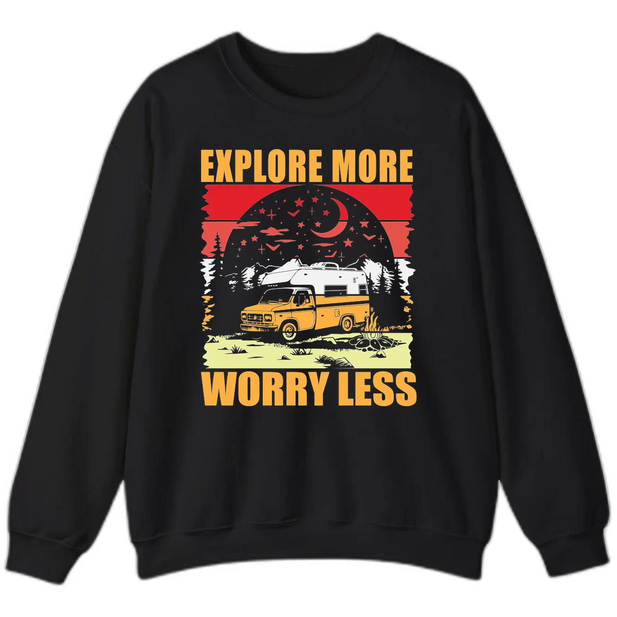 Retro camping illustration with pickup truck, camper trailer, campfire, and starry night sky surrounded by pine trees, with 'Explore More Worry Less' text in Black