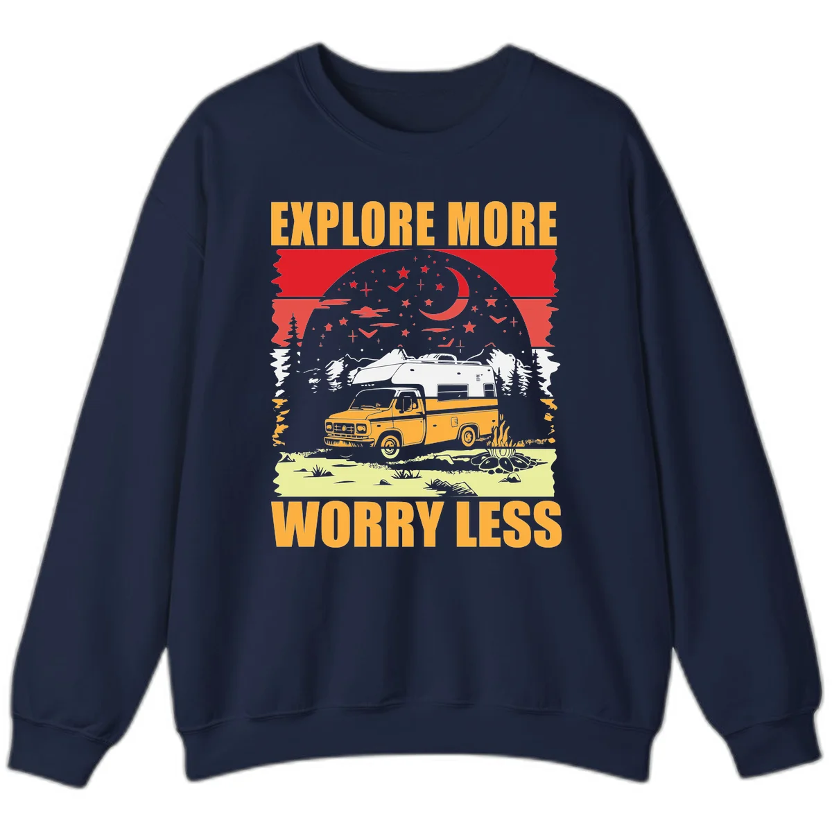Retro camping illustration with pickup truck, camper trailer, campfire, and starry night sky surrounded by pine trees, with 'Explore More Worry Less' text in Navy