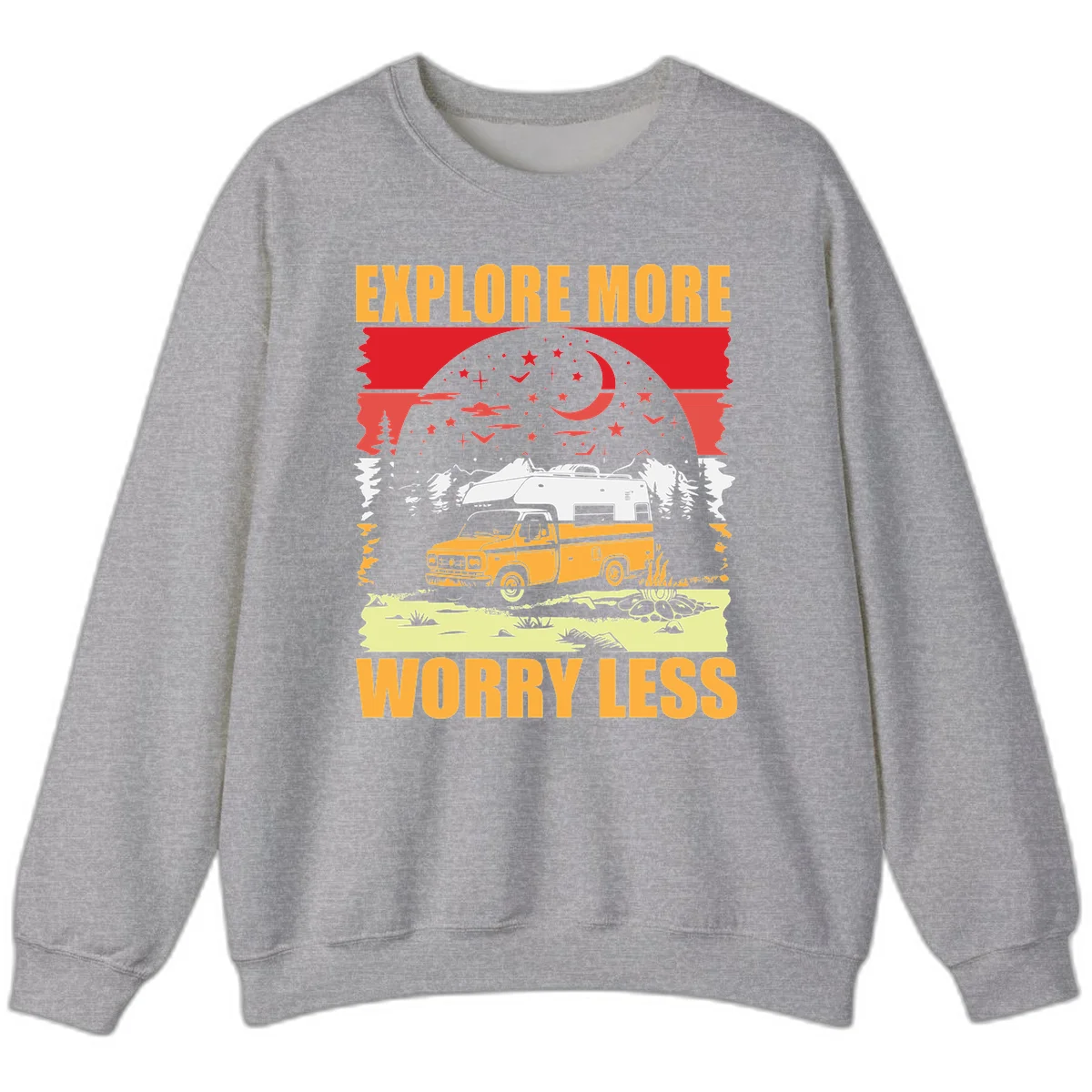 Retro camping illustration with pickup truck, camper trailer, campfire, and starry night sky surrounded by pine trees, with 'Explore More Worry Less' text in Sport Grey