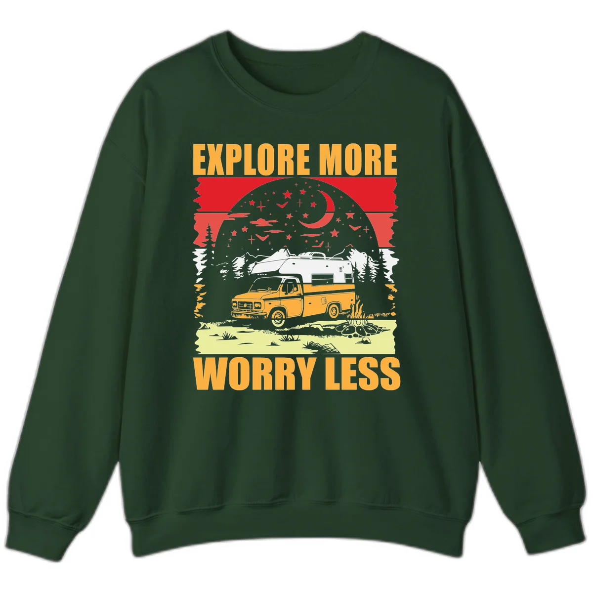 Retro camping illustration with pickup truck, camper trailer, campfire, and starry night sky surrounded by pine trees, with 'Explore More Worry Less' text in Forest Green