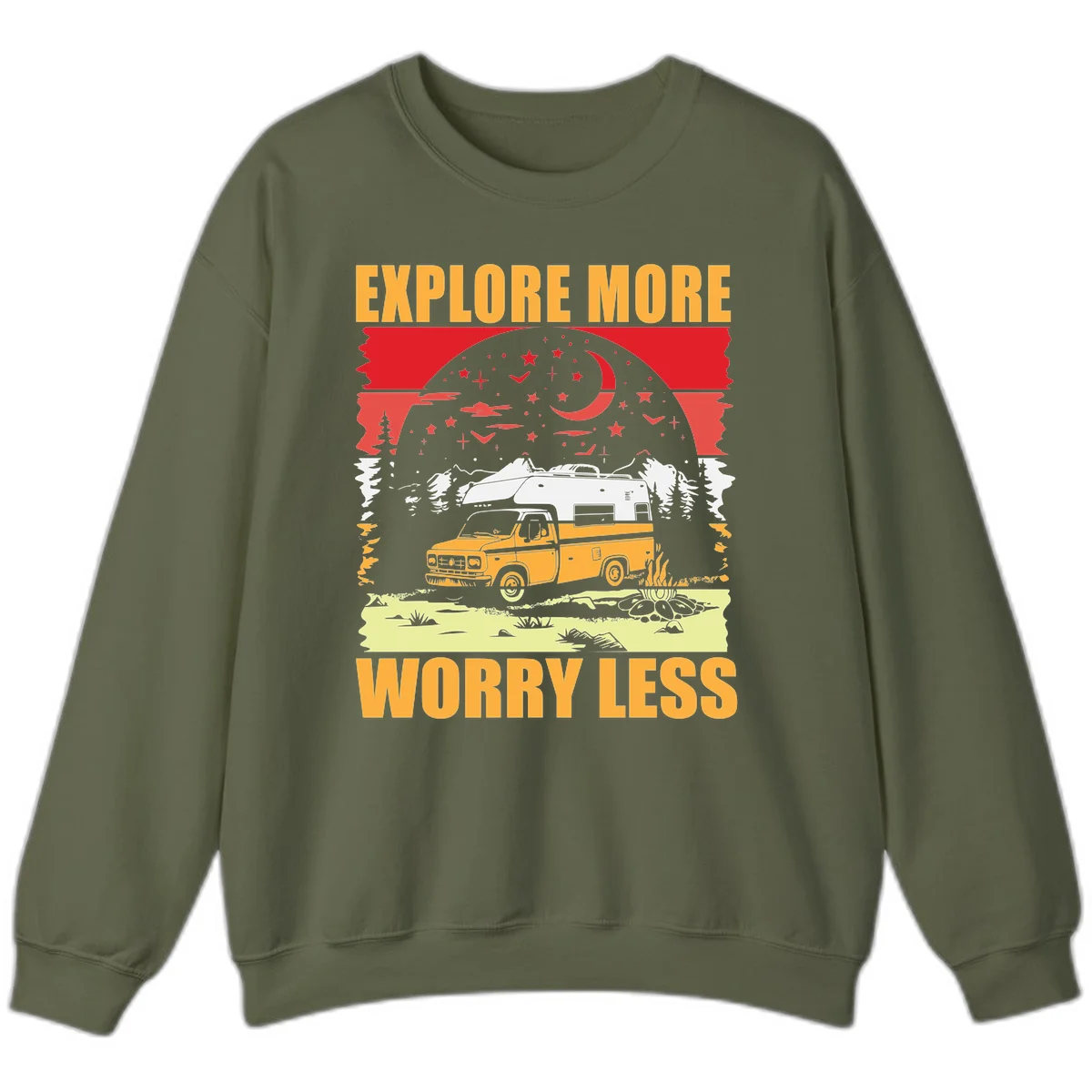 Retro camping illustration with pickup truck, camper trailer, campfire, and starry night sky surrounded by pine trees, with 'Explore More Worry Less' text in Military Green