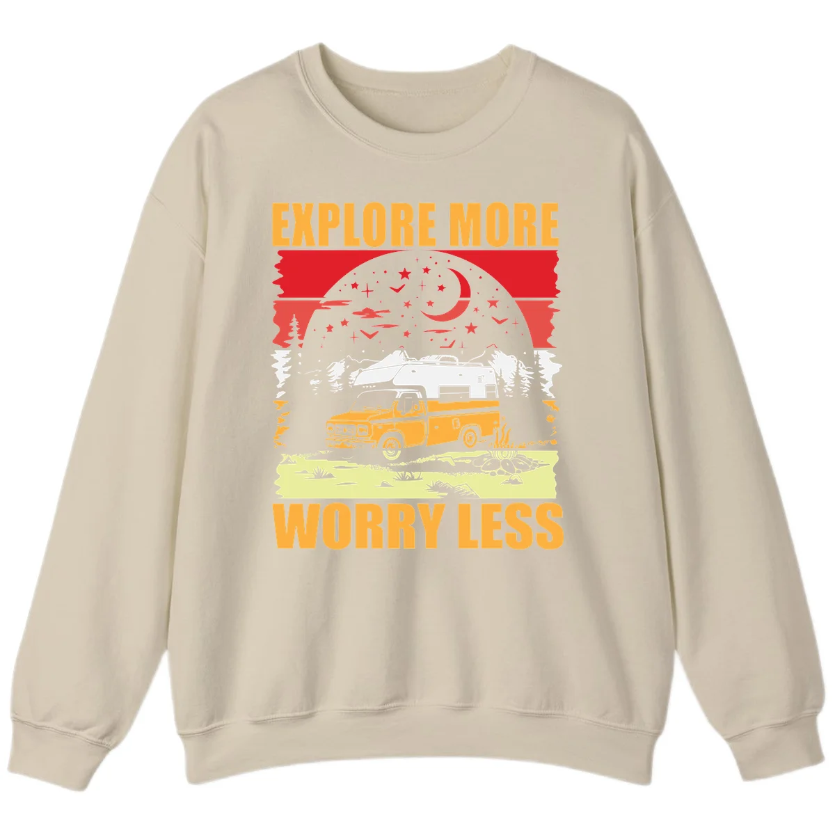 Retro camping illustration with pickup truck, camper trailer, campfire, and starry night sky surrounded by pine trees, with 'Explore More Worry Less' text in Sand