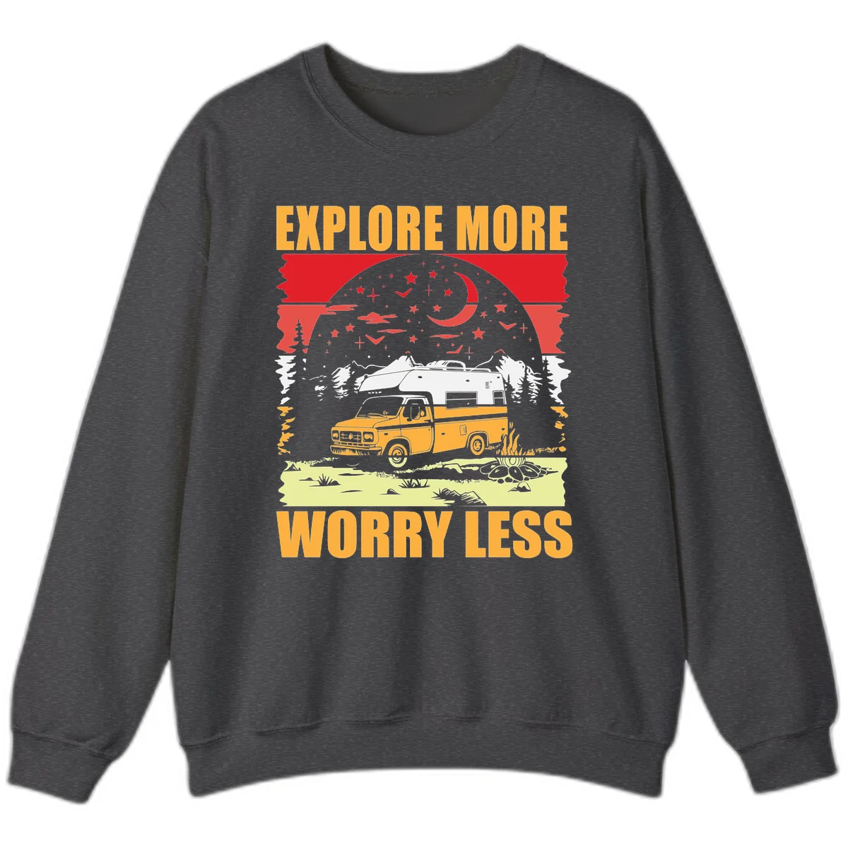Retro camping illustration with pickup truck, camper trailer, campfire, and starry night sky surrounded by pine trees, with 'Explore More Worry Less' text in Dark Heather