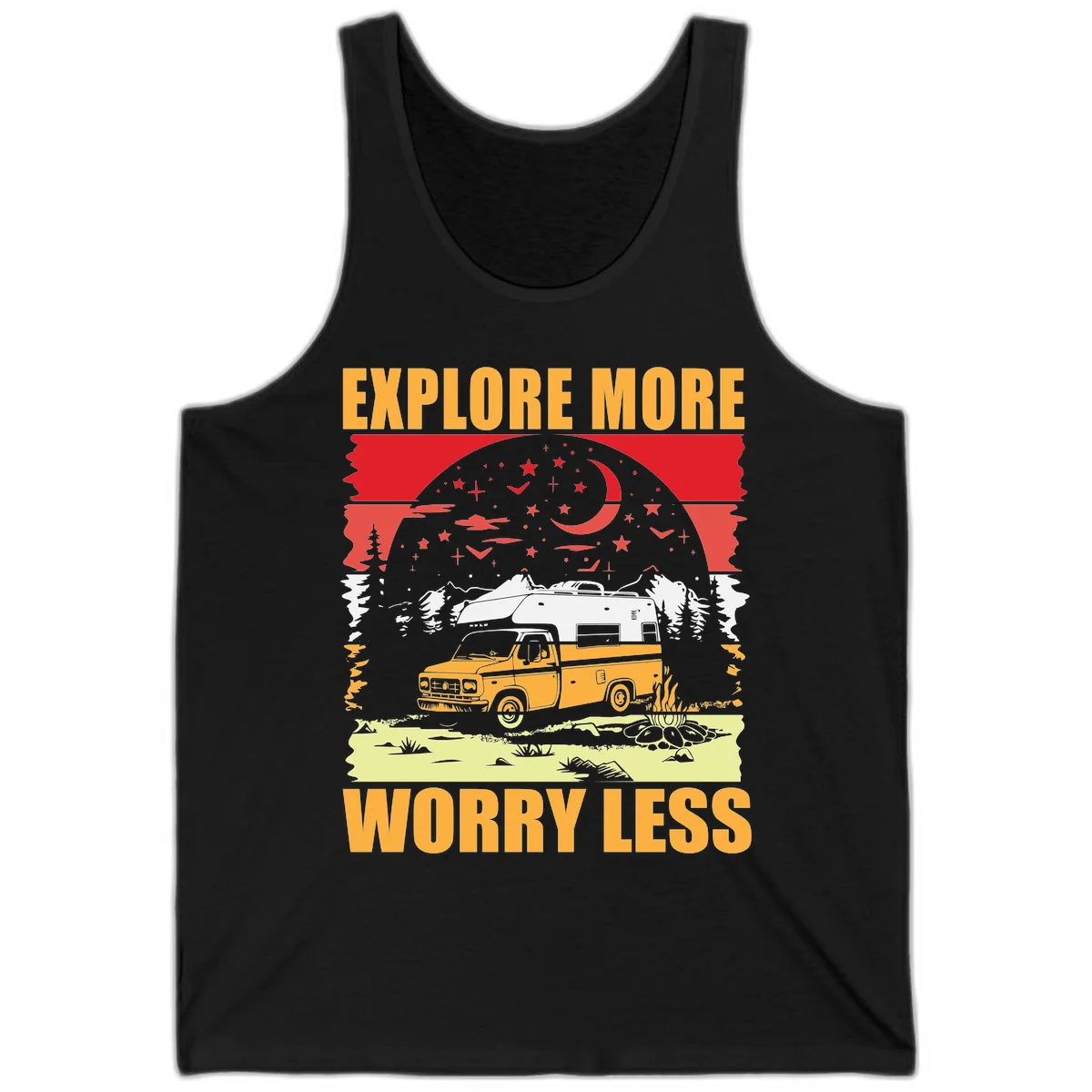 Retro camping illustration with pickup truck, camper trailer, campfire, and starry night sky surrounded by pine trees, with 'Explore More Worry Less' text in Black