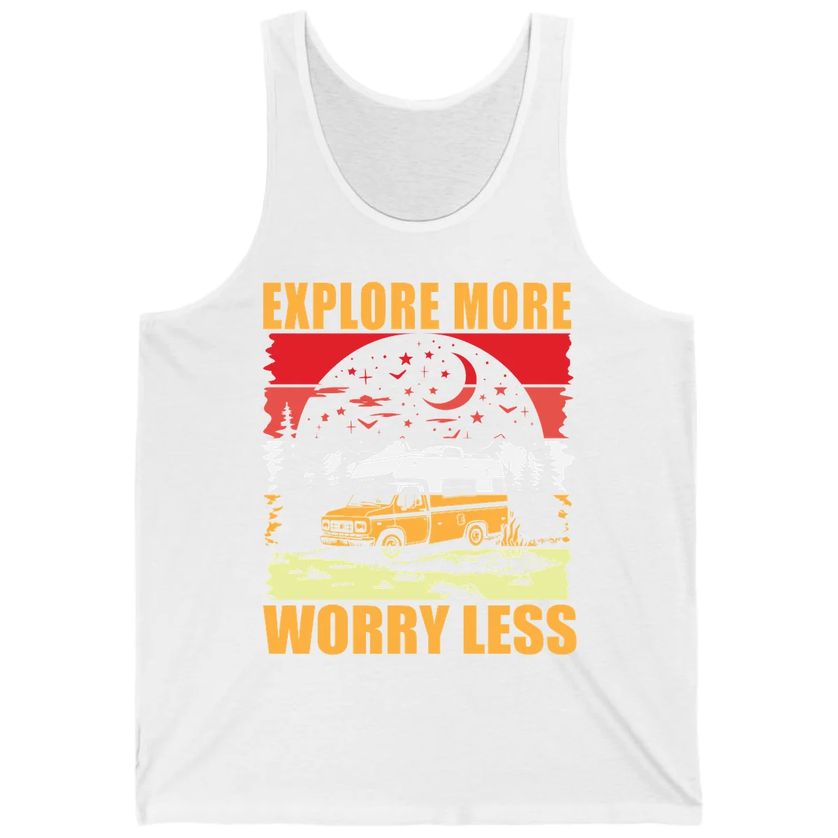 Retro camping illustration with pickup truck, camper trailer, campfire, and starry night sky surrounded by pine trees, with 'Explore More Worry Less' text in White