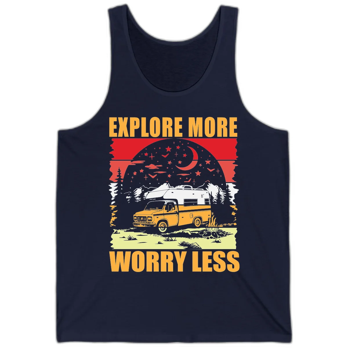 Retro camping illustration with pickup truck, camper trailer, campfire, and starry night sky surrounded by pine trees, with 'Explore More Worry Less' text in Navy