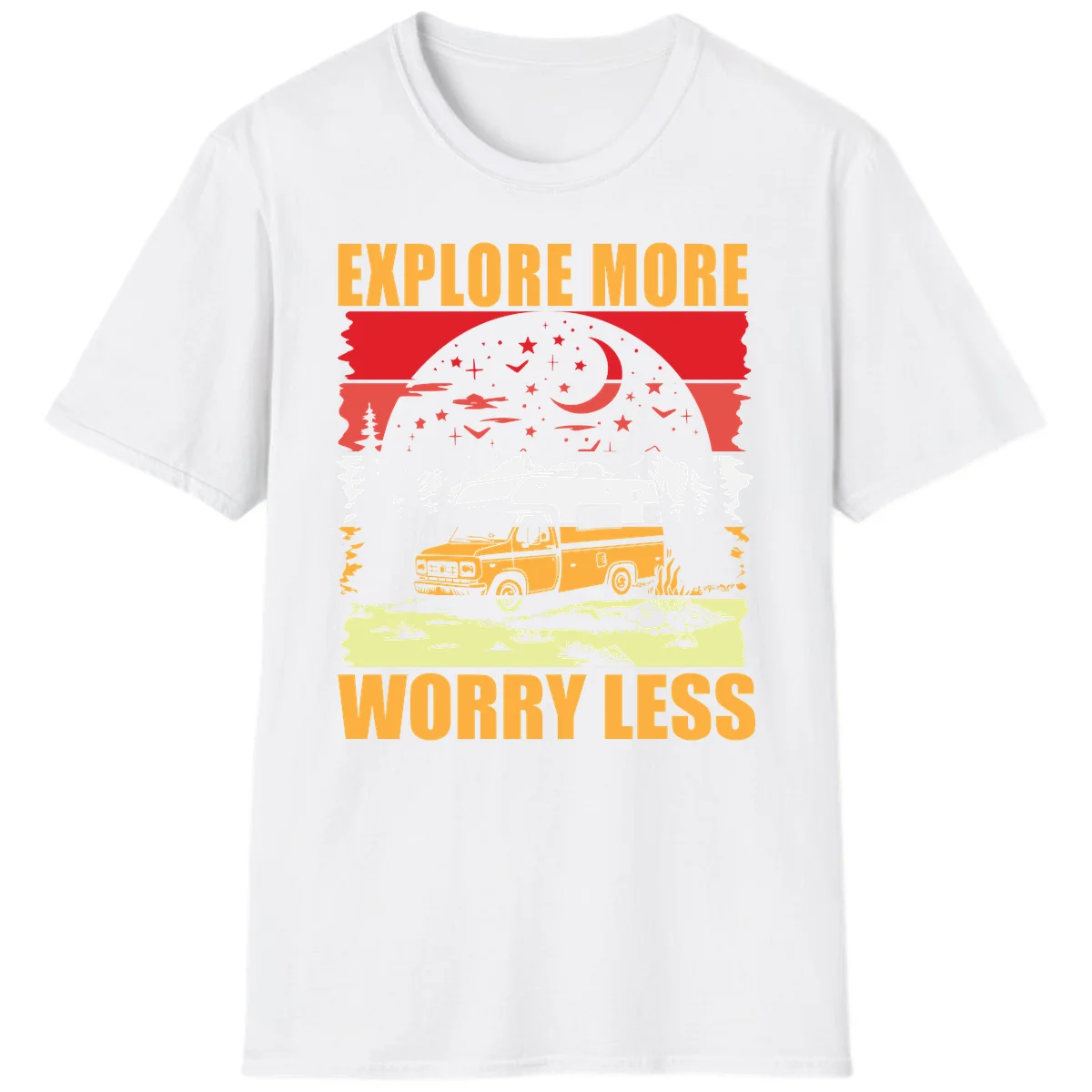 Retro camping illustration with pickup truck, camper trailer, campfire, and starry night sky surrounded by pine trees, with 'Explore More Worry Less' text in White