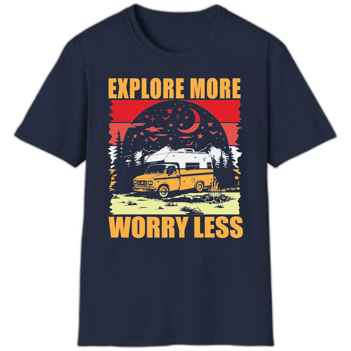 Retro camping illustration with pickup truck, camper trailer, campfire, and starry night sky surrounded by pine trees, with 'Explore More Worry Less' text in Navy