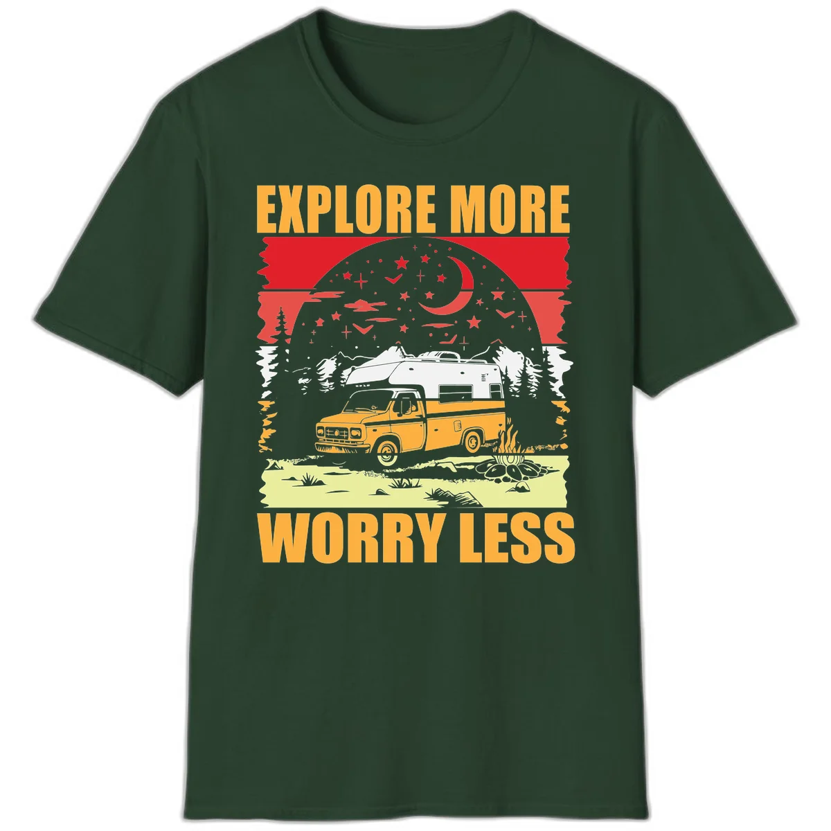 Retro camping illustration with pickup truck, camper trailer, campfire, and starry night sky surrounded by pine trees, with 'Explore More Worry Less' text in Forest Green