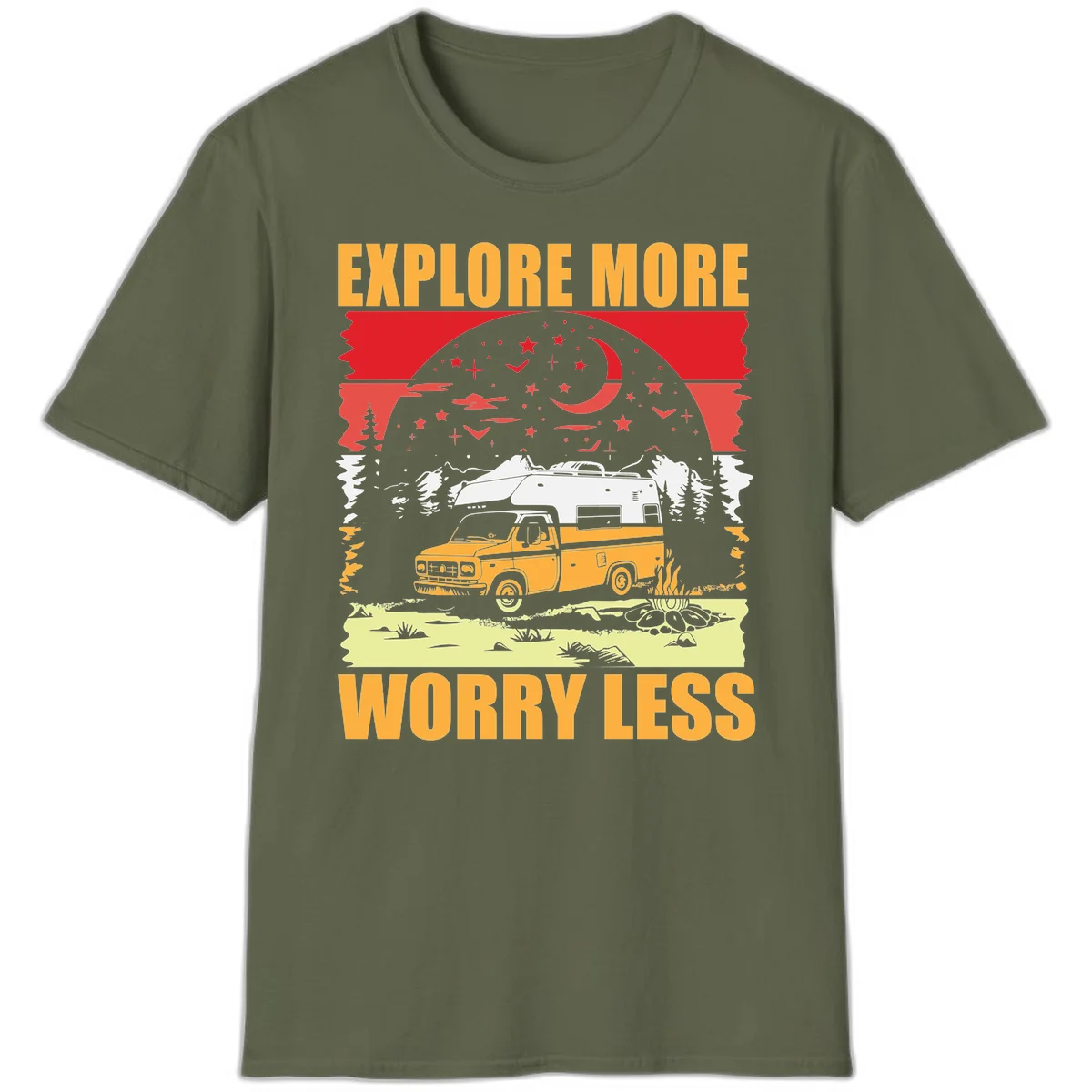 Retro camping illustration with pickup truck, camper trailer, campfire, and starry night sky surrounded by pine trees, with 'Explore More Worry Less' text in Military Green