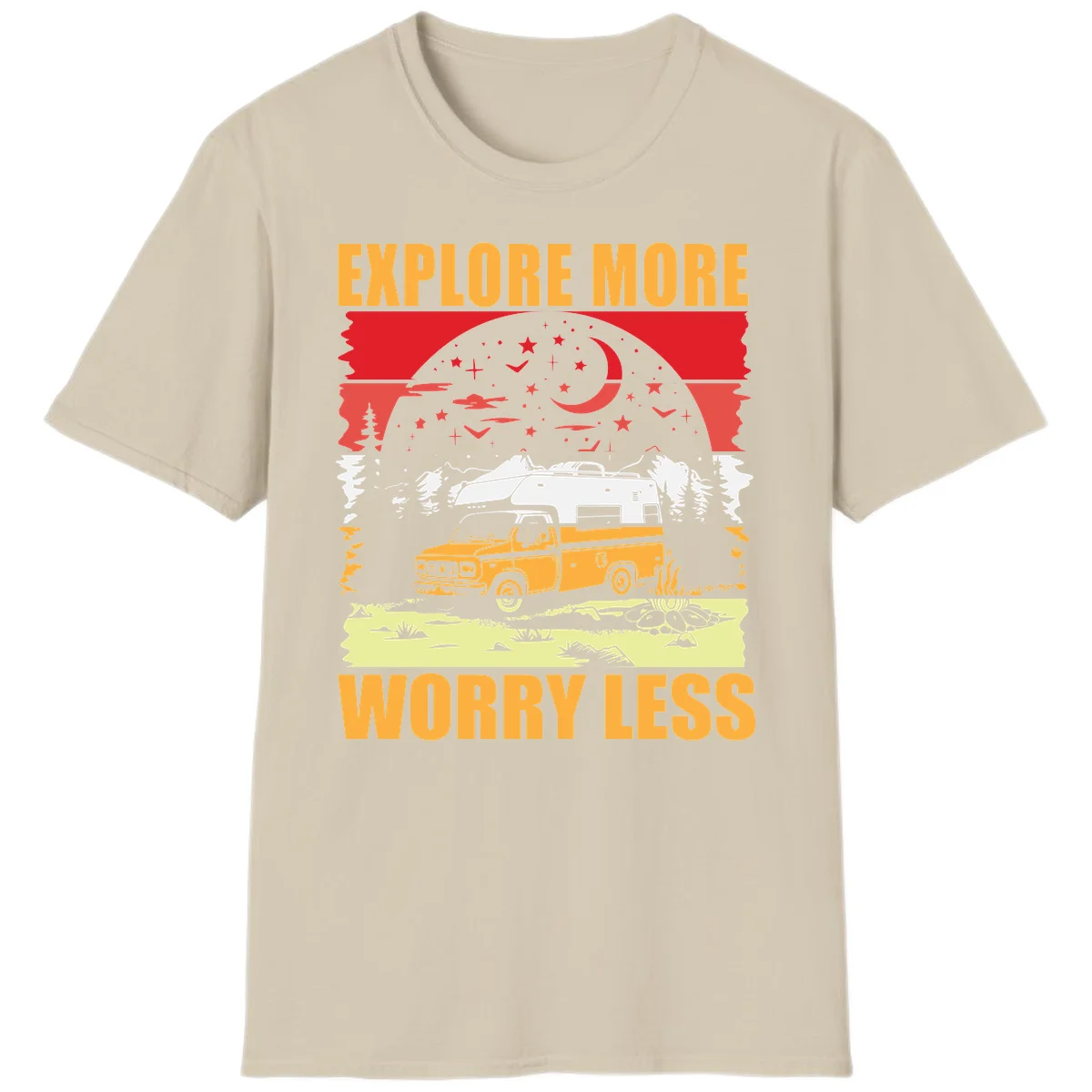Retro camping illustration with pickup truck, camper trailer, campfire, and starry night sky surrounded by pine trees, with 'Explore More Worry Less' text in Sand
