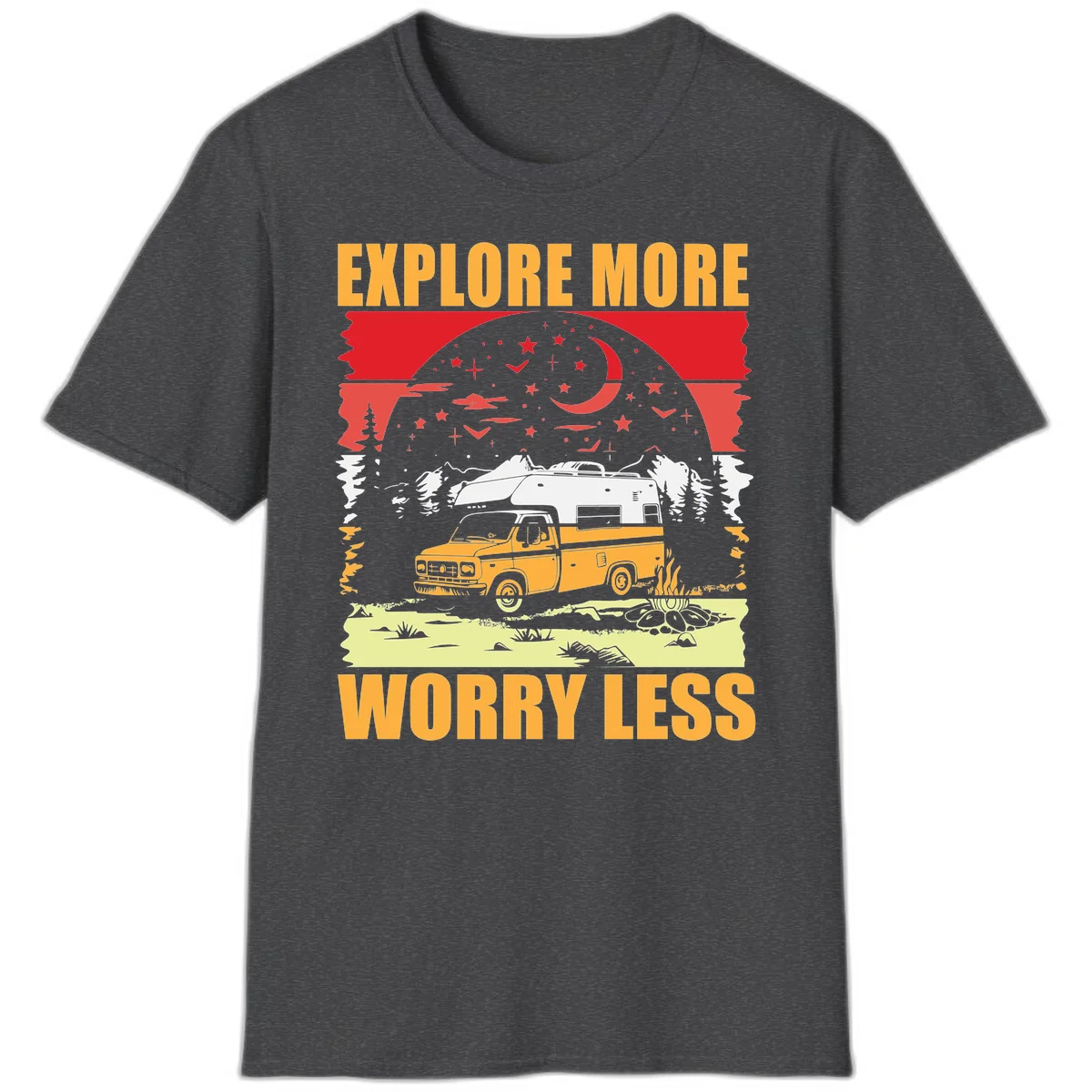 Retro camping illustration with pickup truck, camper trailer, campfire, and starry night sky surrounded by pine trees, with 'Explore More Worry Less' text in Dark Heather
