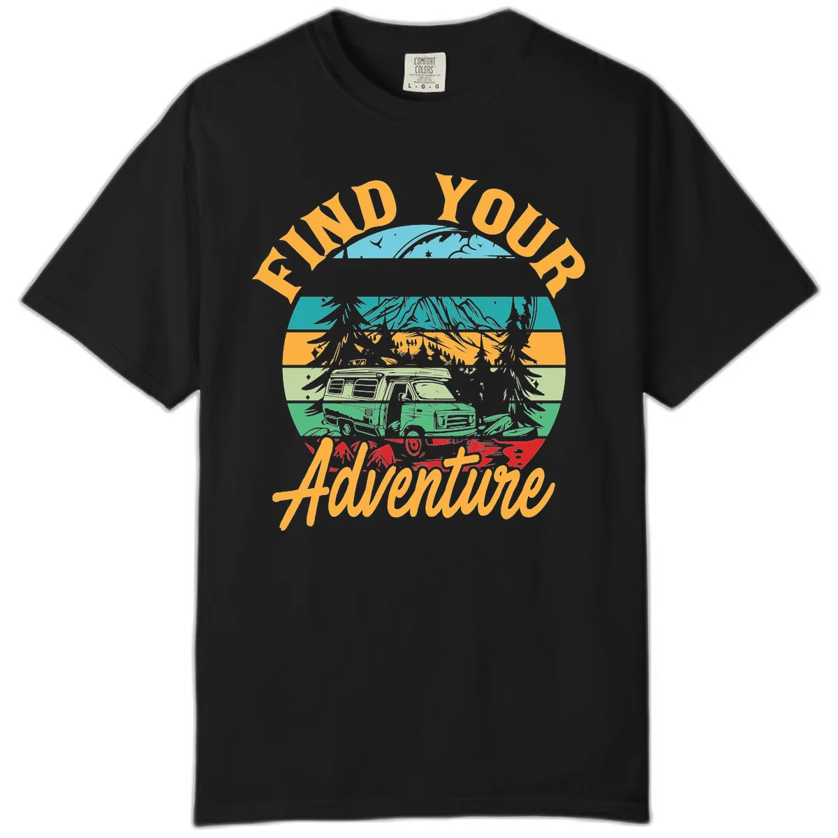 Retro illustration of camper van in mountains with 'Find Your Adventure' text, featuring colorful horizontal stripes and forest scenery. in Black