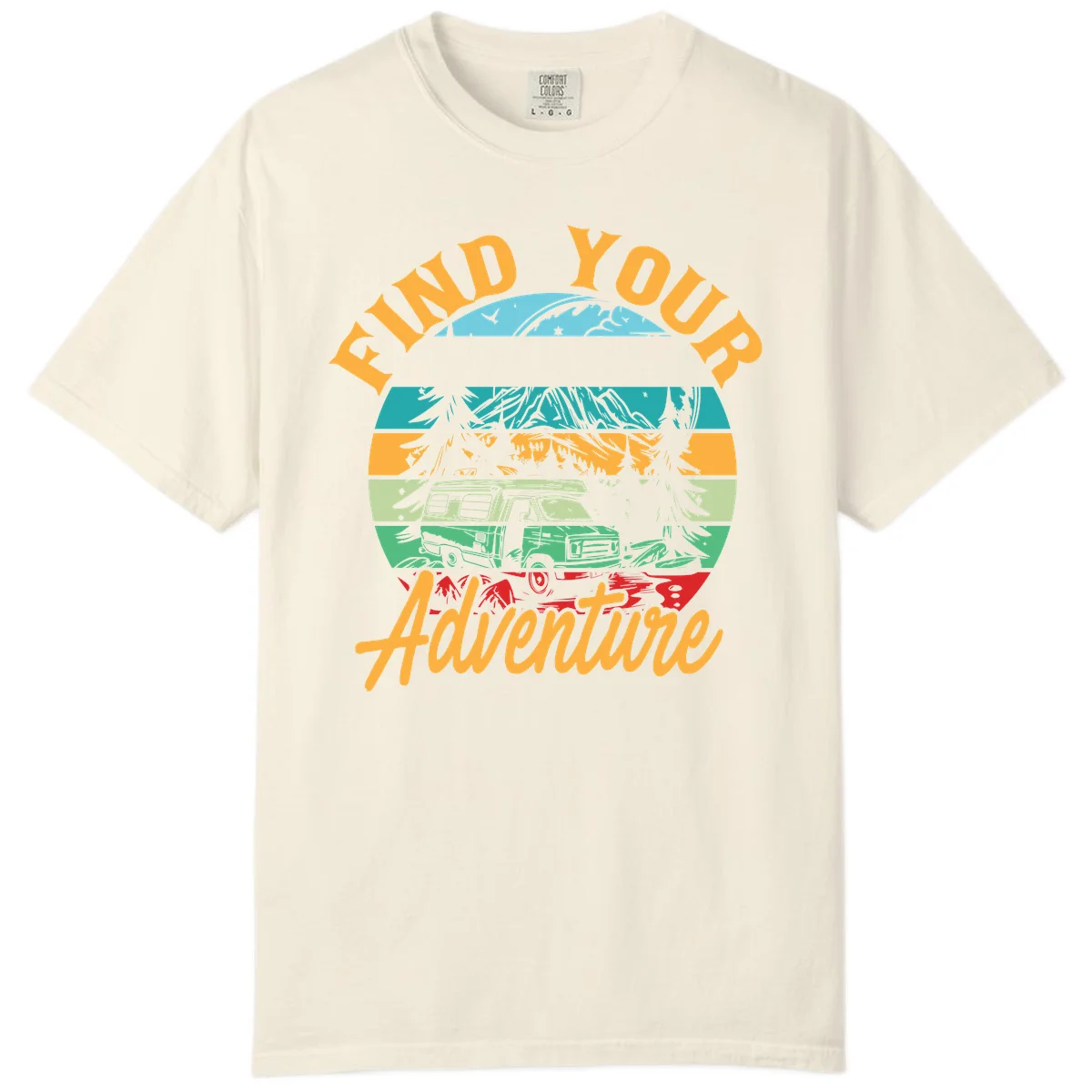 Retro illustration of camper van in mountains with 'Find Your Adventure' text, featuring colorful horizontal stripes and forest scenery. in Ivory