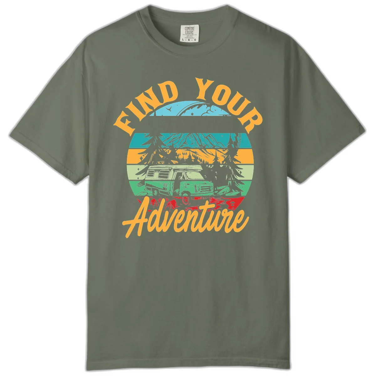 Retro illustration of camper van in mountains with 'Find Your Adventure' text, featuring colorful horizontal stripes and forest scenery. in Moss