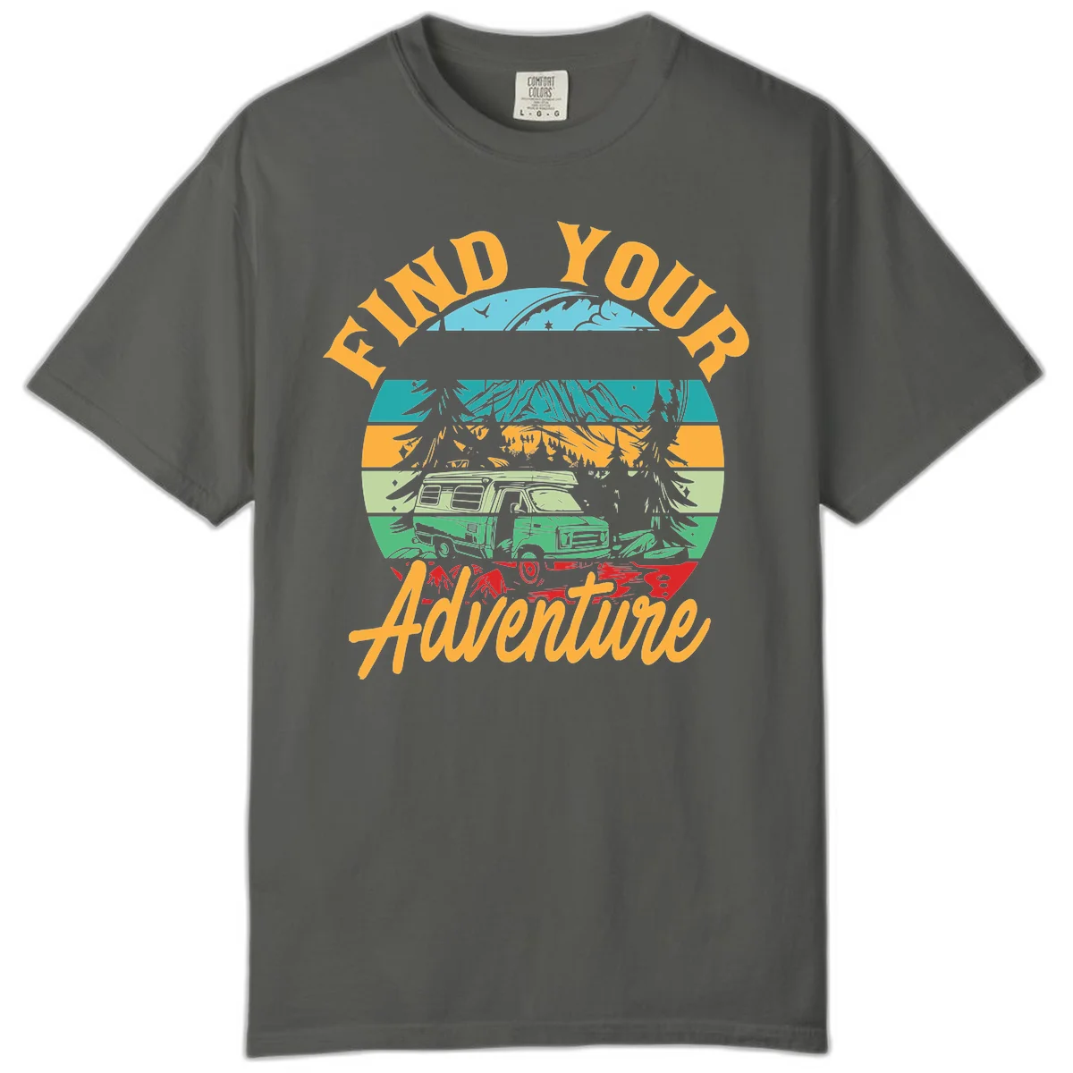 Retro illustration of camper van in mountains with 'Find Your Adventure' text, featuring colorful horizontal stripes and forest scenery. in Pepper
