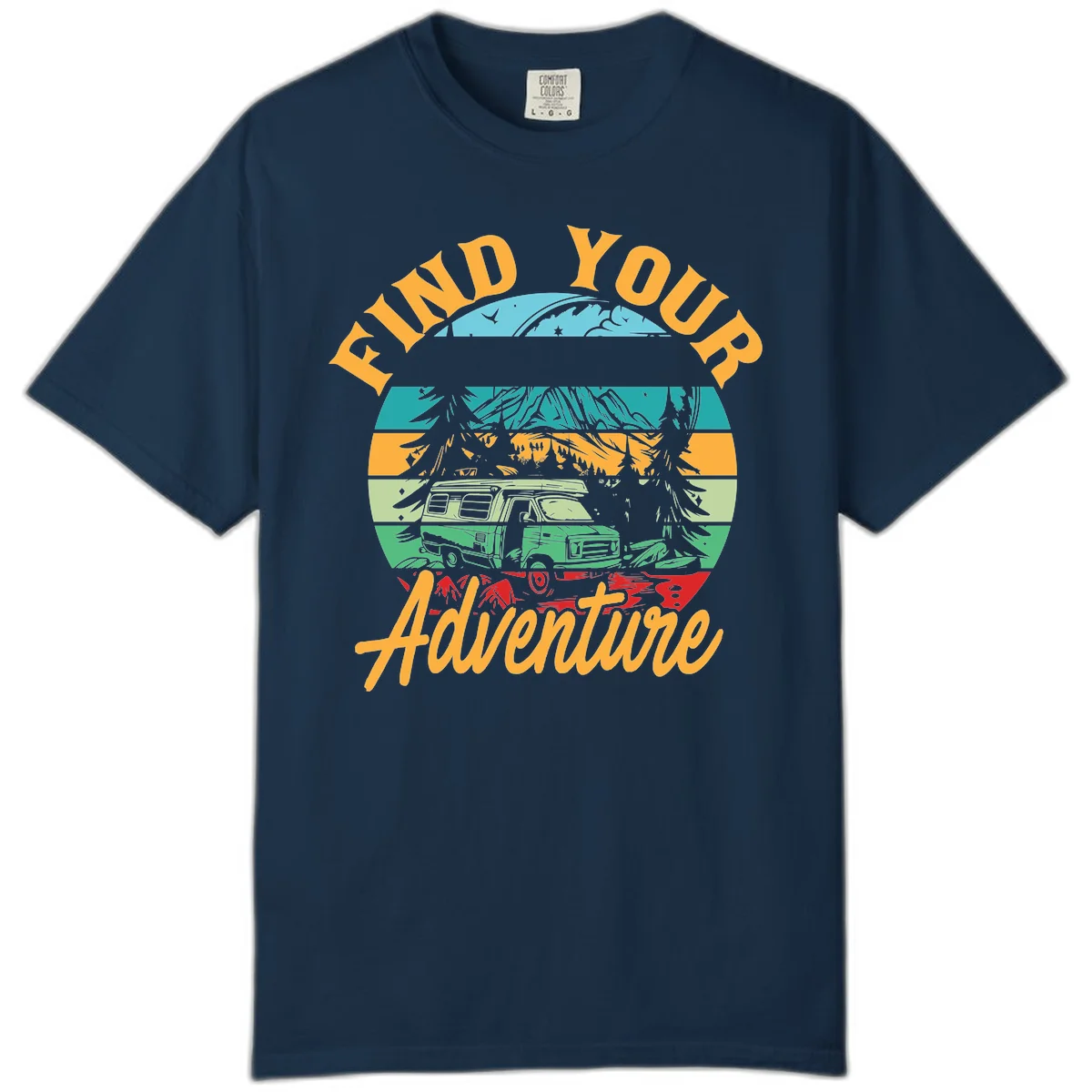 Retro illustration of camper van in mountains with 'Find Your Adventure' text, featuring colorful horizontal stripes and forest scenery. in True Navy
