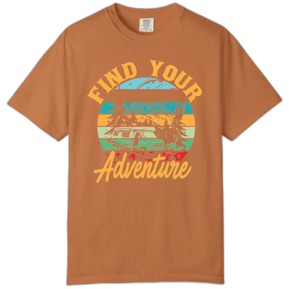 Retro illustration of camper van in mountains with 'Find Your Adventure' text, featuring colorful horizontal stripes and forest scenery. in Yam