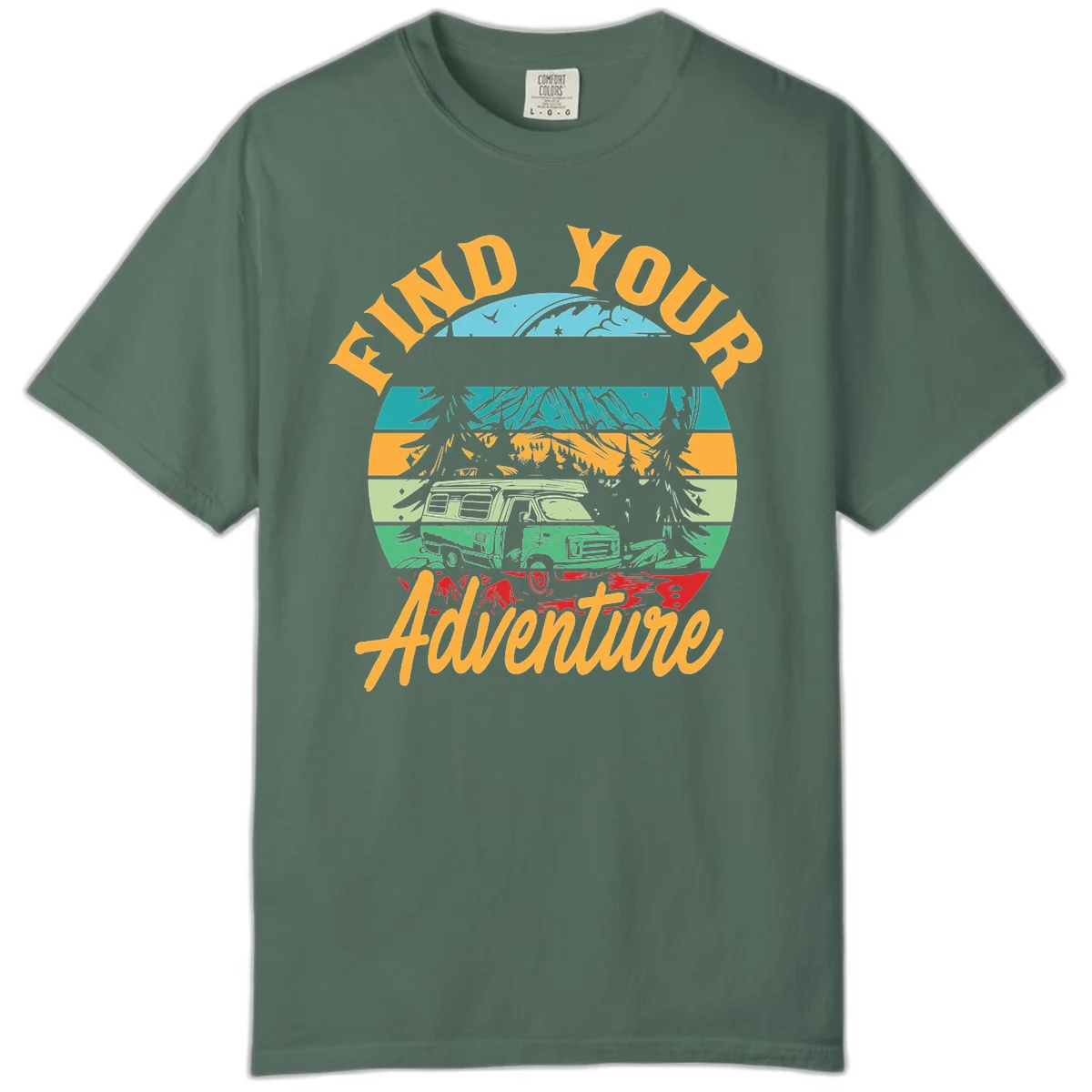 Retro illustration of camper van in mountains with 'Find Your Adventure' text, featuring colorful horizontal stripes and forest scenery. in Blue Spruce