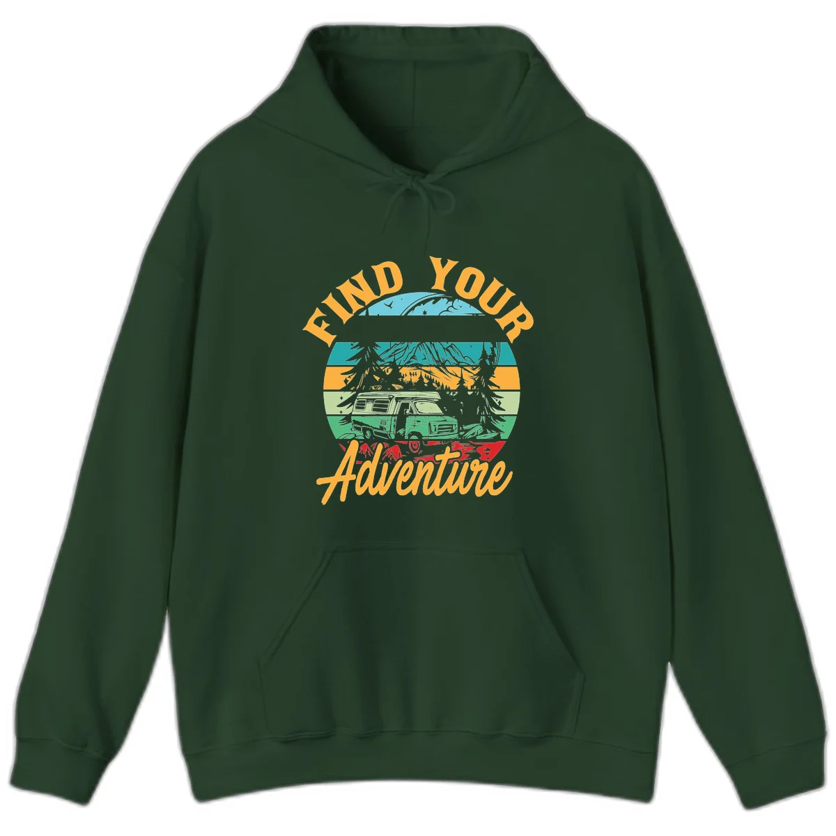Retro illustration of camper van in mountains with 'Find Your Adventure' text, featuring colorful horizontal stripes and forest scenery. in Forest Green
