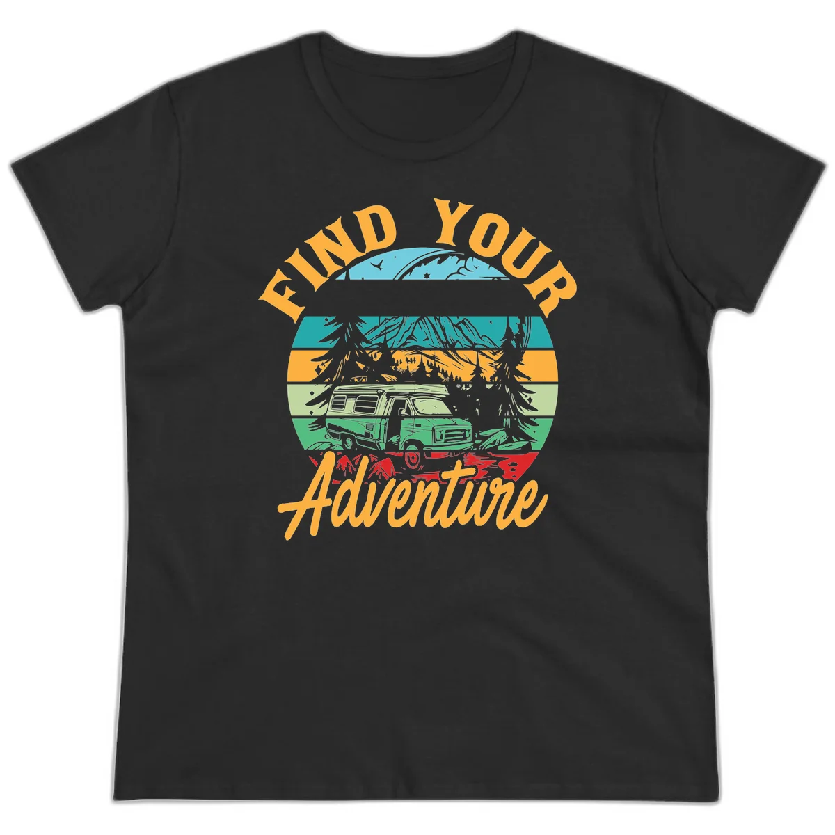 Retro illustration of camper van in mountains with 'Find Your Adventure' text, featuring colorful horizontal stripes and forest scenery. in Black